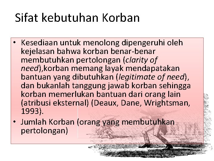 Sifat kebutuhan Korban • Kesediaan untuk menolong dipengeruhi oleh kejelasan bahwa korban benar-benar membutuhkan
