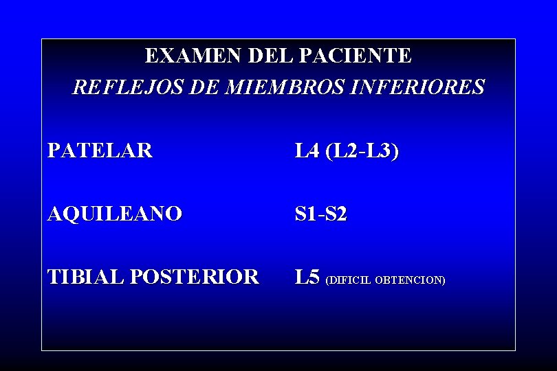 EXAMEN DEL PACIENTE REFLEJOS DE MIEMBROS INFERIORES PATELAR L 4 (L 2 -L 3)
