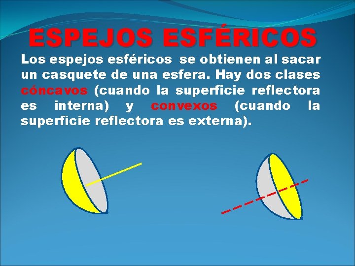 ESPEJOS ESFÉRICOS Los espejos esféricos se obtienen al sacar un casquete de una esfera.