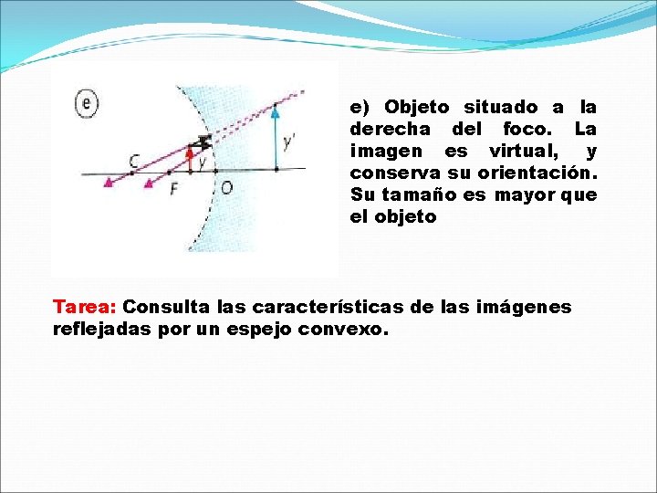 e) Objeto situado a la derecha del foco. La imagen es virtual, y conserva