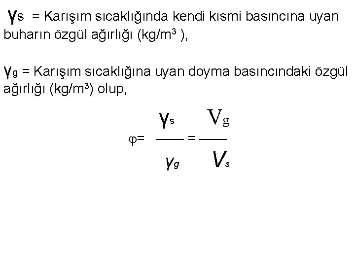 γs = Karışım sıcaklığında kendi kısmi basıncına uyan buharın özgül ağırlığı (kg/m 3 ),