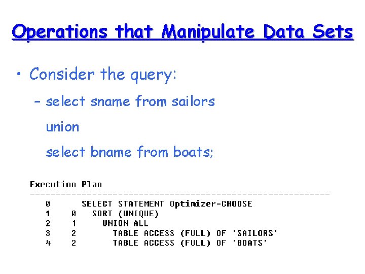 Operations that Manipulate Data Sets • Consider the query: – select sname from sailors