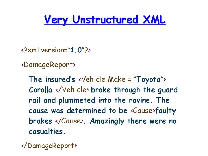 Very Unstructured XML <? xml version=“ 1. 0”? > <Damage. Report> The insured’s <Vehicle