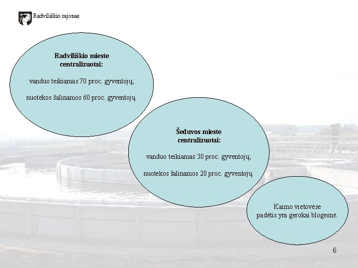 Radviliškio rajonas Radviliškio mieste centralizuotai: vanduo teikiamas 70 proc. gyventojų; nuotekos šalinamos 60 proc.