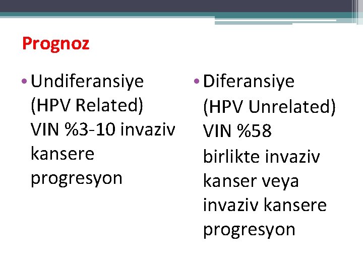 Prognoz • Undiferansiye • Diferansiye (HPV Related) (HPV Unrelated) VIN %3 -10 invaziv VIN Prognoz • Undiferansiye • Diferansiye (HPV Related) (HPV Unrelated) VIN %3 -10 invaziv VIN