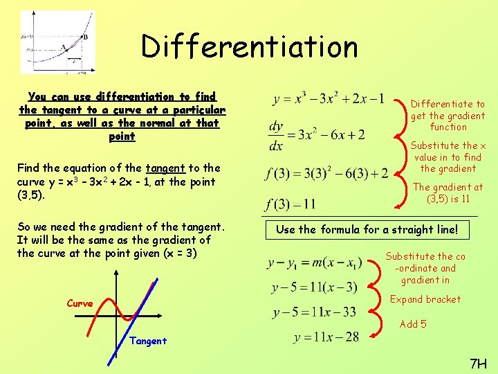 Differentiation You can use differentiation to find the tangent to a curve at a