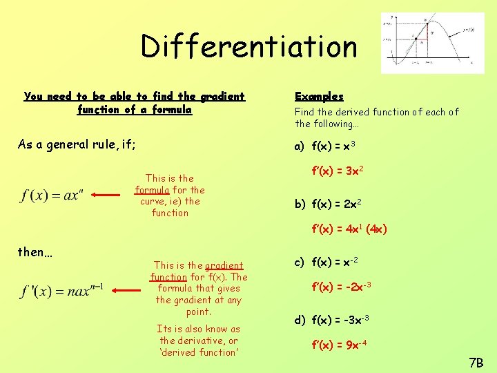 Differentiation You need to be able to find the gradient function of a formula