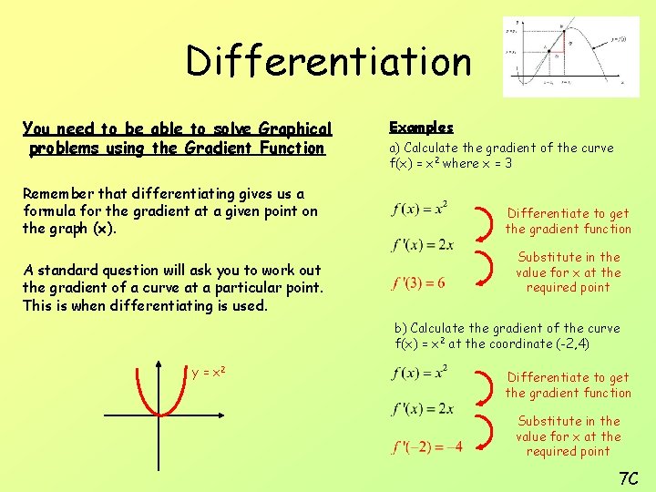 Differentiation You need to be able to solve Graphical problems using the Gradient Function