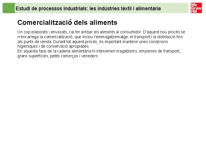 Estudi de processos industrials: les indústries tèxtil i alimentària Comercialització dels aliments Un cop