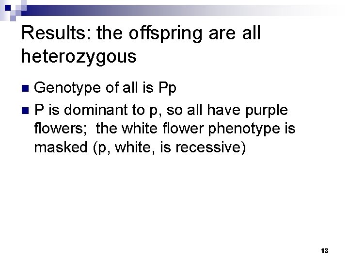 Results: the offspring are all heterozygous Genotype of all is Pp n P is