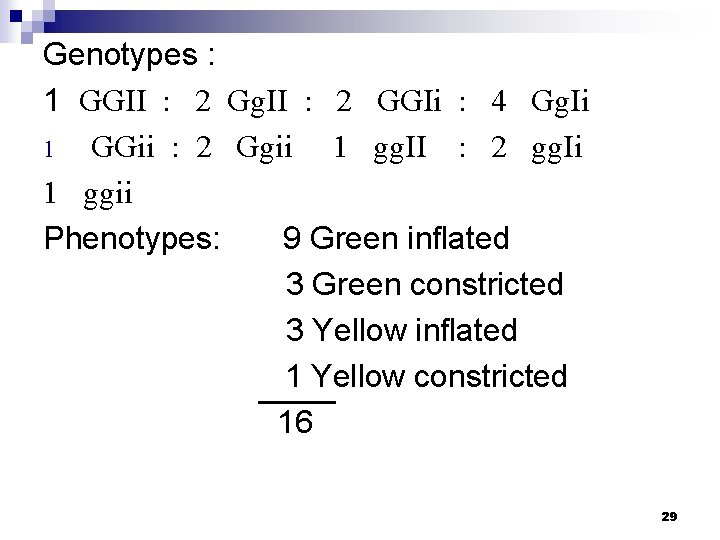 Genotypes : 1 GGII : 2 Gg. II : 2 GGIi : 4 Gg.