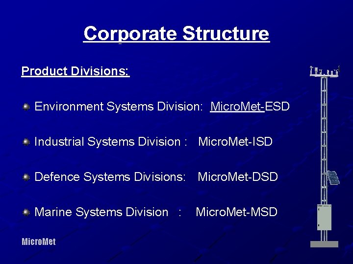 Corporate Structure Product Divisions: Environment Systems Division: Micro. Met-ESD Industrial Systems Division : Micro.