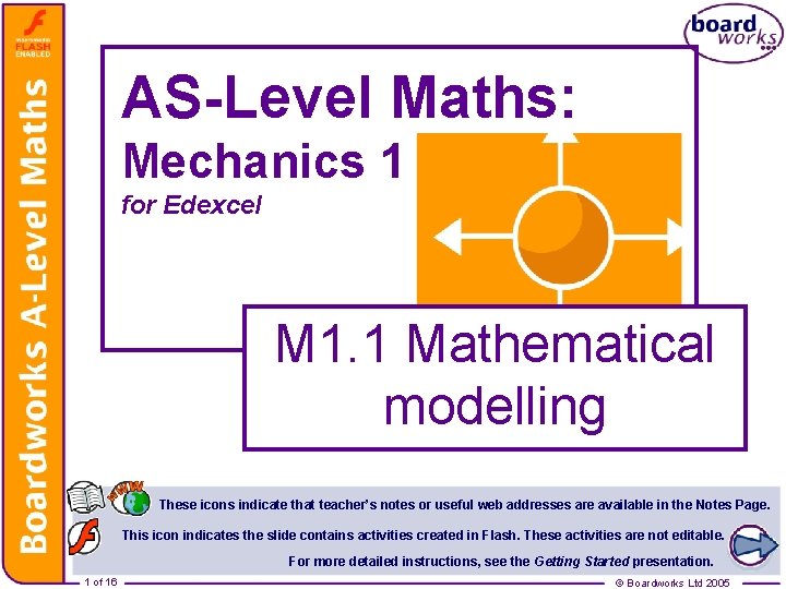 AS-Level Maths: Mechanics 1 for Edexcel M 1. 1 Mathematical modelling These icons indicate