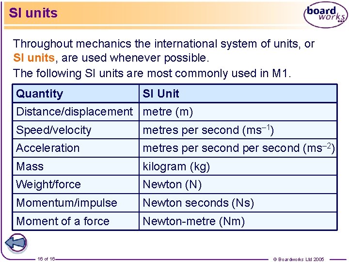 SI units Throughout mechanics the international system of units, or SI units, are used