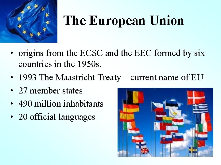  The European Union • origins from the ECSC and the EEC formed by