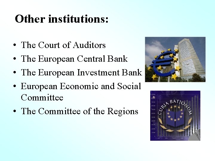 Other institutions: • • The Court of Auditors The European Central Bank The European