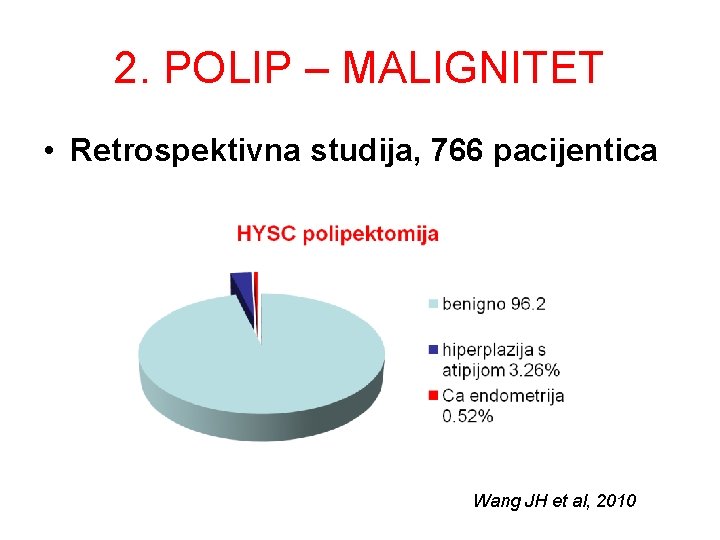 2. POLIP – MALIGNITET • Retrospektivna studija, 766 pacijentica Wang JH et al, 2010 2. POLIP – MALIGNITET • Retrospektivna studija, 766 pacijentica Wang JH et al, 2010
