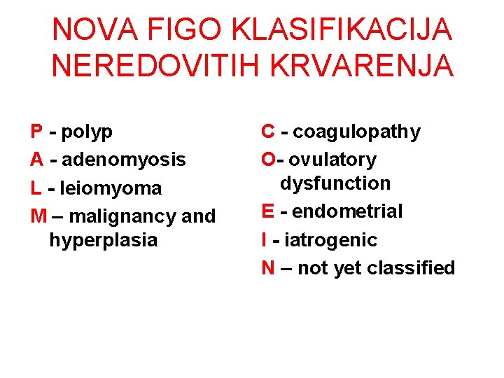 NOVA FIGO KLASIFIKACIJA NEREDOVITIH KRVARENJA P - polyp A - adenomyosis L - leiomyoma NOVA FIGO KLASIFIKACIJA NEREDOVITIH KRVARENJA P - polyp A - adenomyosis L - leiomyoma