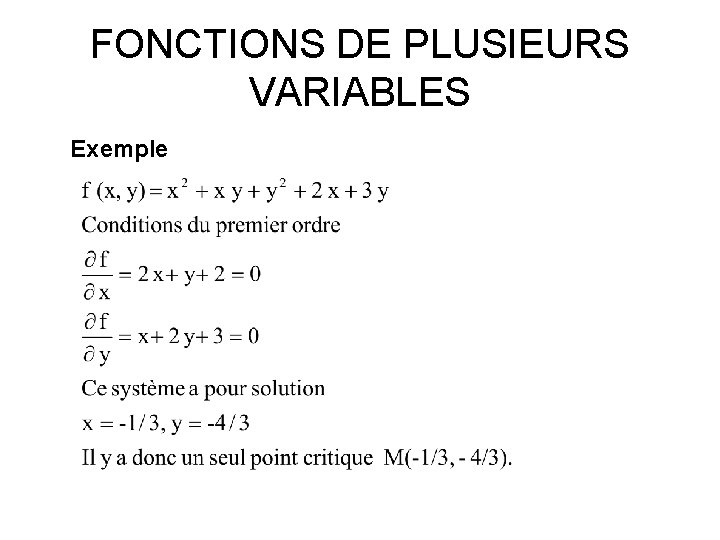 FONCTIONS DE PLUSIEURS VARIABLES Exemple 