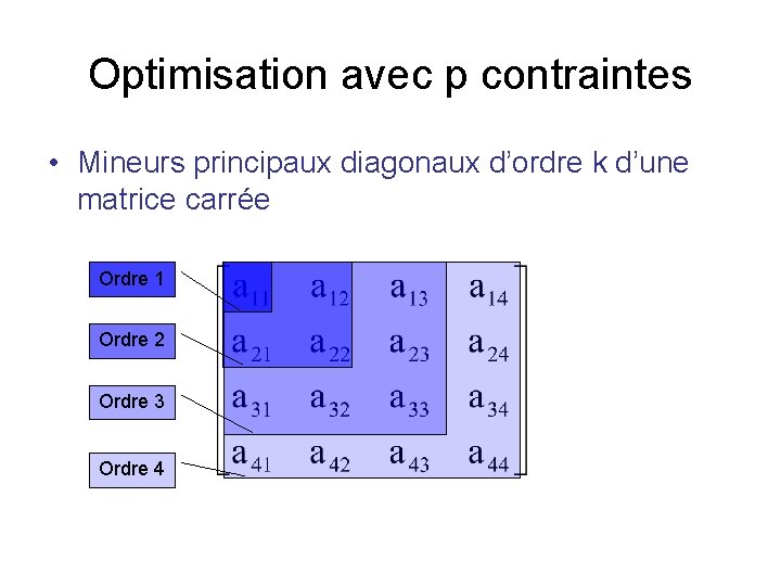 Optimisation avec p contraintes • Mineurs principaux diagonaux d’ordre k d’une matrice carrée Ordre