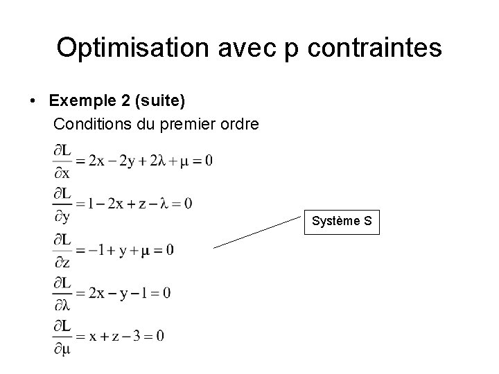 Optimisation avec p contraintes • Exemple 2 (suite) Conditions du premier ordre Système S