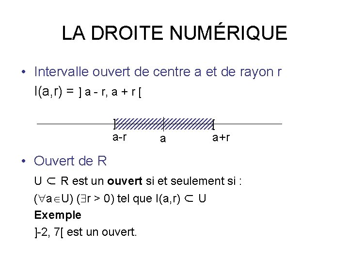 LA DROITE NUMÉRIQUE • Intervalle ouvert de centre a et de rayon r I(a,