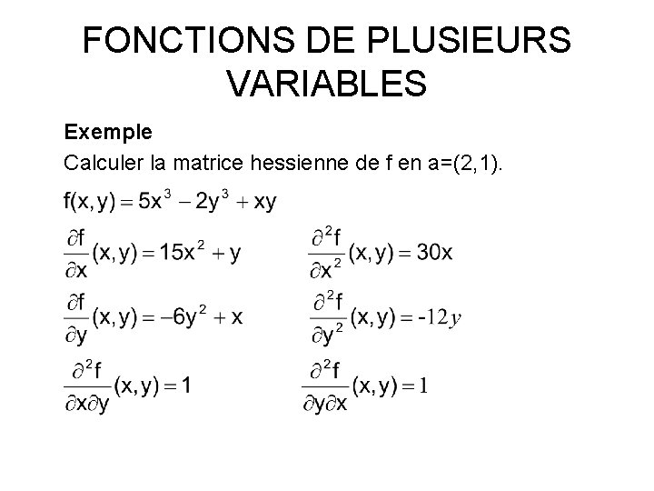 FONCTIONS DE PLUSIEURS VARIABLES Exemple Calculer la matrice hessienne de f en a=(2, 1).