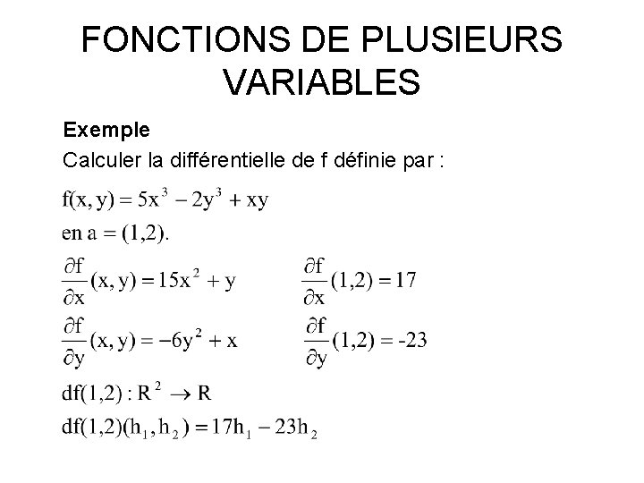 FONCTIONS DE PLUSIEURS VARIABLES Exemple Calculer la différentielle de f définie par : 