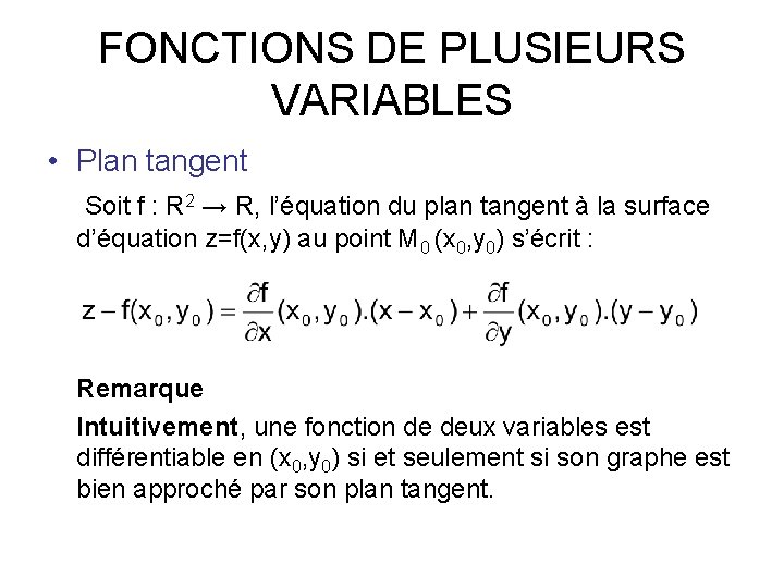 FONCTIONS DE PLUSIEURS VARIABLES • Plan tangent Soit f : R 2 → R,