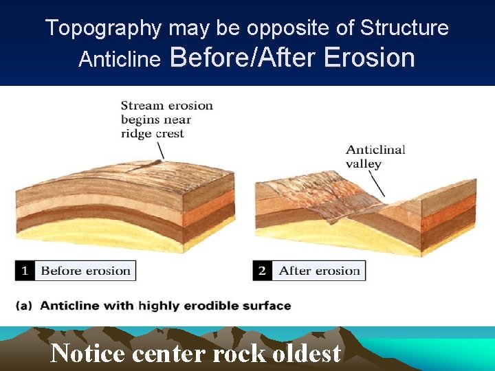 Topography may be opposite of Structure Anticline Before/After Erosion Notice center rock oldest 