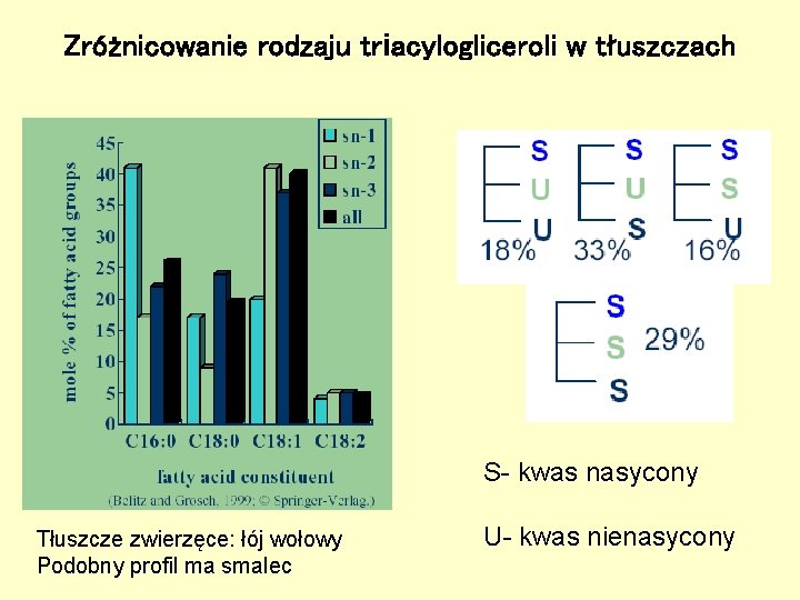 Zróżnicowanie rodzaju triacylogliceroli w tłuszczach S- kwas nasycony Tłuszcze zwierzęce: łój wołowy Podobny profil Zróżnicowanie rodzaju triacylogliceroli w tłuszczach S- kwas nasycony Tłuszcze zwierzęce: łój wołowy Podobny profil