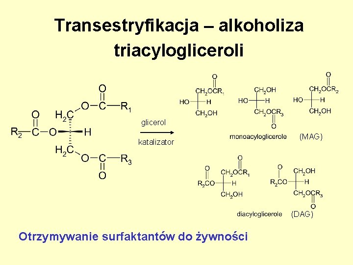 Transestryfikacja – alkoholiza triacylogliceroli glicerol katalizator (MAG) (DAG) Otrzymywanie surfaktantów do żywności Transestryfikacja – alkoholiza triacylogliceroli glicerol katalizator (MAG) (DAG) Otrzymywanie surfaktantów do żywności