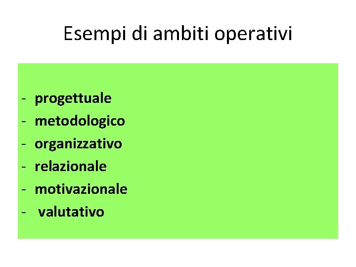 Esempi di ambiti operativi - progettuale metodologico organizzativo relazionale motivazionale valutativo 
