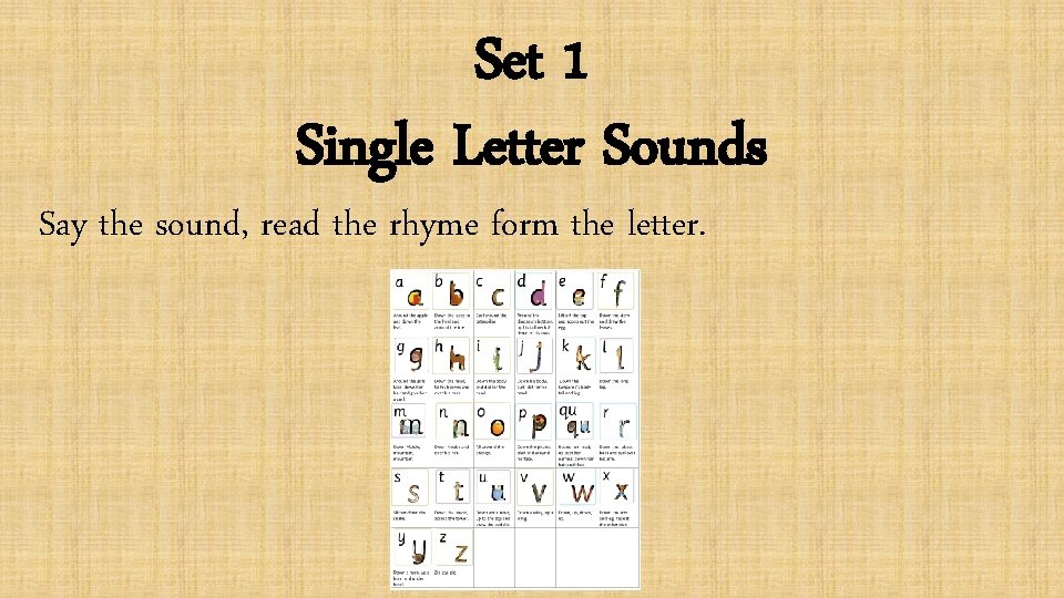 Set 1 Single Letter Sounds Say the sound, read the rhyme form the letter.