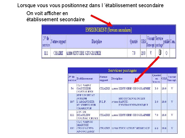 Lorsque vous positionnez dans l ’établissement secondaire On voit afficher en établissement secondaire 