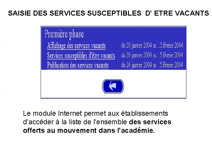 SAISIE DES SERVICES SUSCEPTIBLES D’ ETRE VACANTS . . . Le module Internet permet