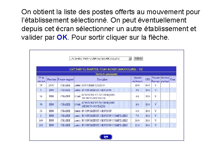 On obtient la liste des postes offerts au mouvement pour l’établissement sélectionné. On peut