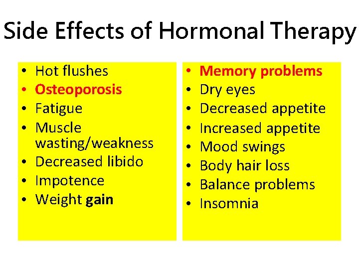 Side Effects of Hormonal Therapy Hot flushes Osteoporosis Fatigue Muscle wasting/weakness • Decreased libido