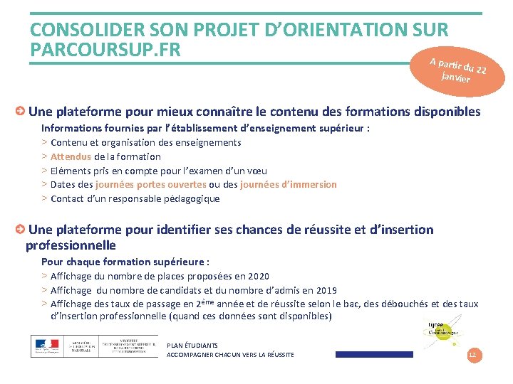 CONSOLIDER SON PROJET D’ORIENTATION SUR PARCOURSUP. FR A pa rtir du 2 2 janvier