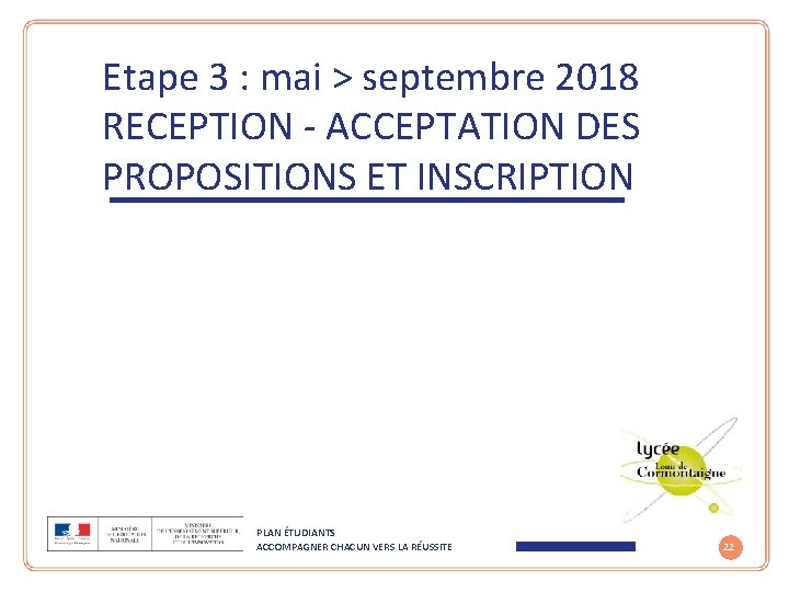 Etape 3 : mai > septembre 2018 RECEPTION - ACCEPTATION DES PROPOSITIONS ET INSCRIPTION