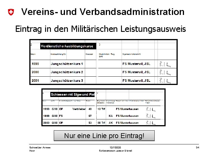 Vereins- und Verbandsadministration Eintrag in den Militärischen Leistungsausweis Nur eine Linie pro Eintrag! Schweizer
