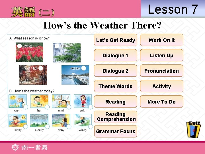 Lesson 7 How’s the Weather There? Let’s Get Ready Work On It Dialogue 1