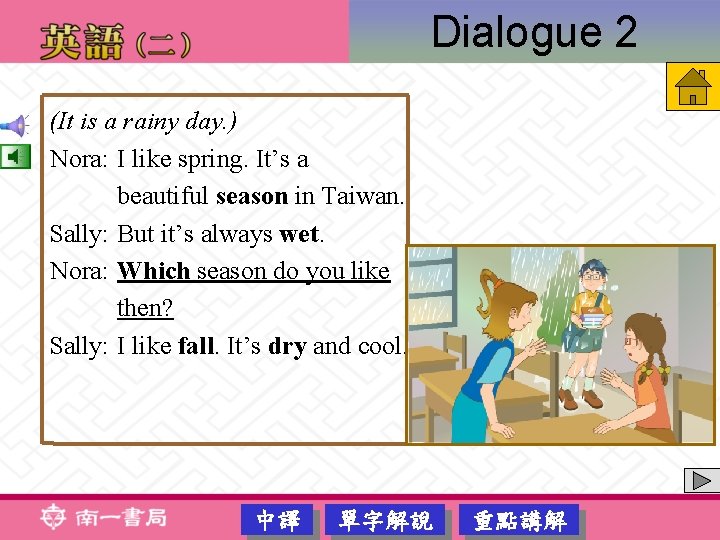 Dialogue 2 (It is a rainy day. ) Nora: I like spring. It’s a