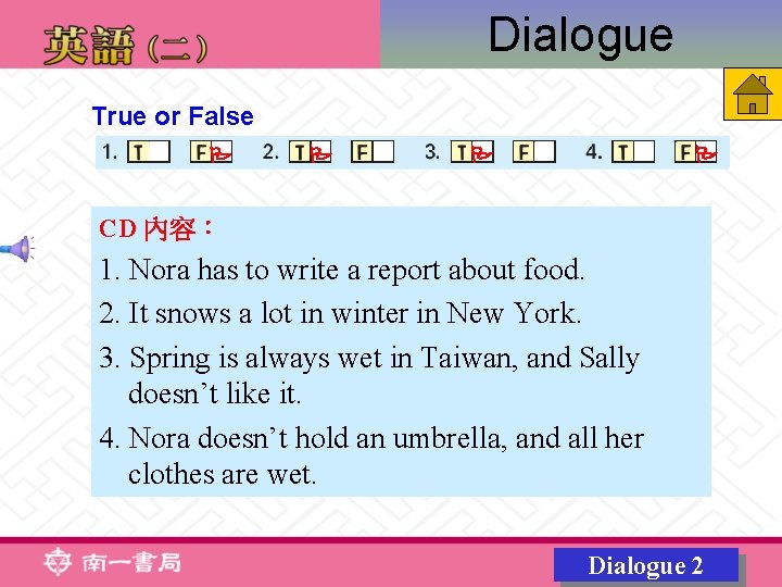 Dialogue True or False CD 內容： 1. Nora has to write a report about