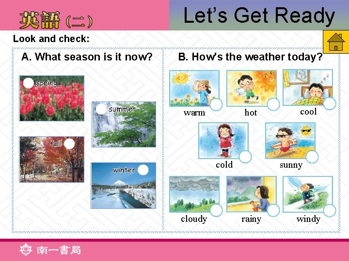 Let’s Get Ready Look and check: A. What season is it now? B. How’s