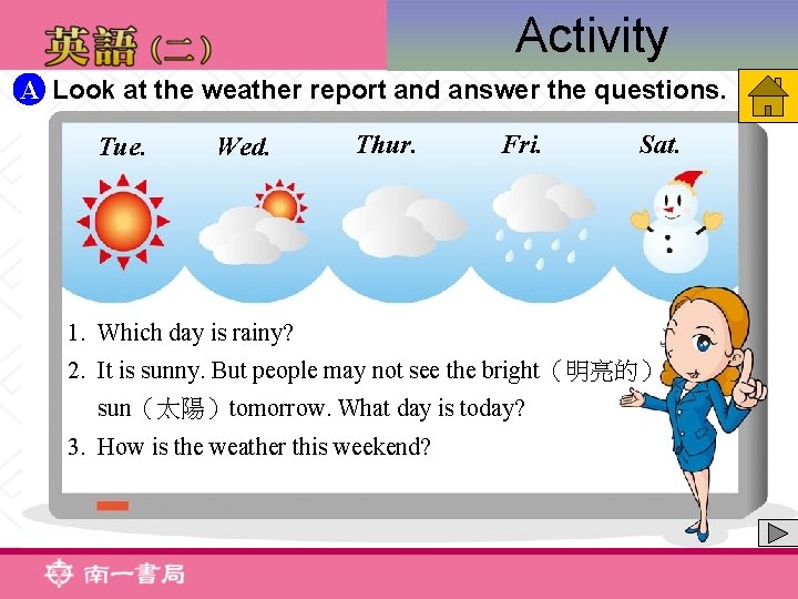 Activity A Look at the weather report and answer the questions. Tue. Wed. Thur.