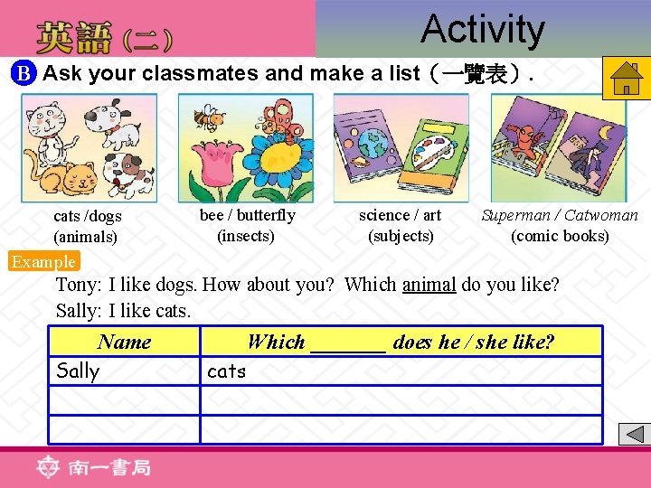 Activity B Ask your classmates and make a list（一覽表）. cats /dogs (animals) bee /