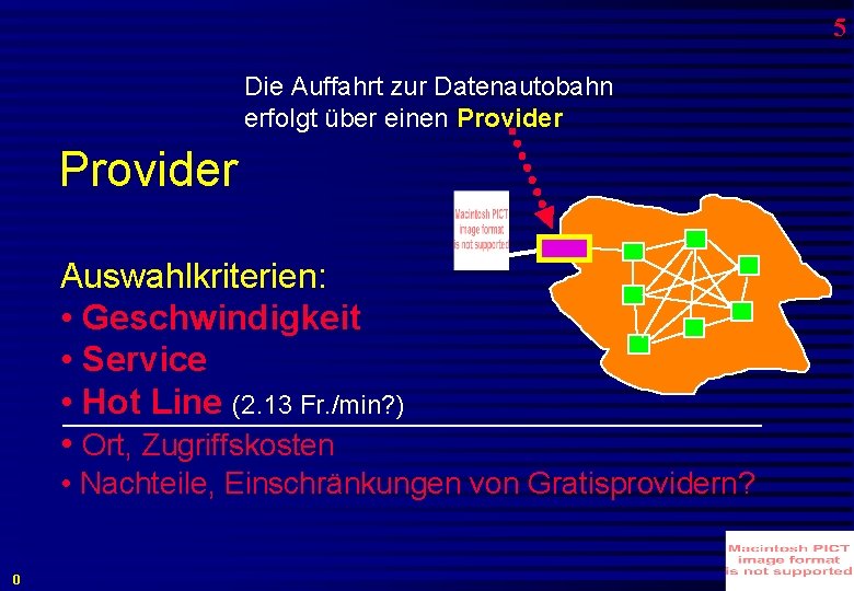 5 Die Auffahrt zur Datenautobahn erfolgt über einen Provider Auswahlkriterien: • Geschwindigkeit • Service 5 Die Auffahrt zur Datenautobahn erfolgt über einen Provider Auswahlkriterien: • Geschwindigkeit • Service