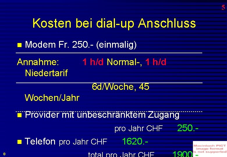 5 Kosten bei dial-up Anschluss Modem Fr. 250. - (einmalig) Annahme: Niedertarif 1 h/d 5 Kosten bei dial-up Anschluss Modem Fr. 250. - (einmalig) Annahme: Niedertarif 1 h/d
