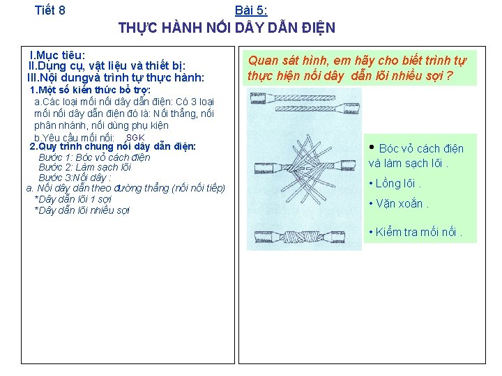 Tiết 8 Bài 5: THỰC HÀNH NỐI D Y DẪN ĐIỆN I. Mục tiêu: